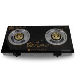 VINVERTH E210005 is a 2-burner tempered glass gas stove (755 × 437 × 112 mm) with a stainless-steel body, cast-iron burners, and Japan ignition technology. It claims up to 60% gas saving and is designed with a focus on safety and practicality. The look features a shiny black glass top with gold floral and butterfly artwork, silver burners with brass centers, black side knobs, and a light grey base