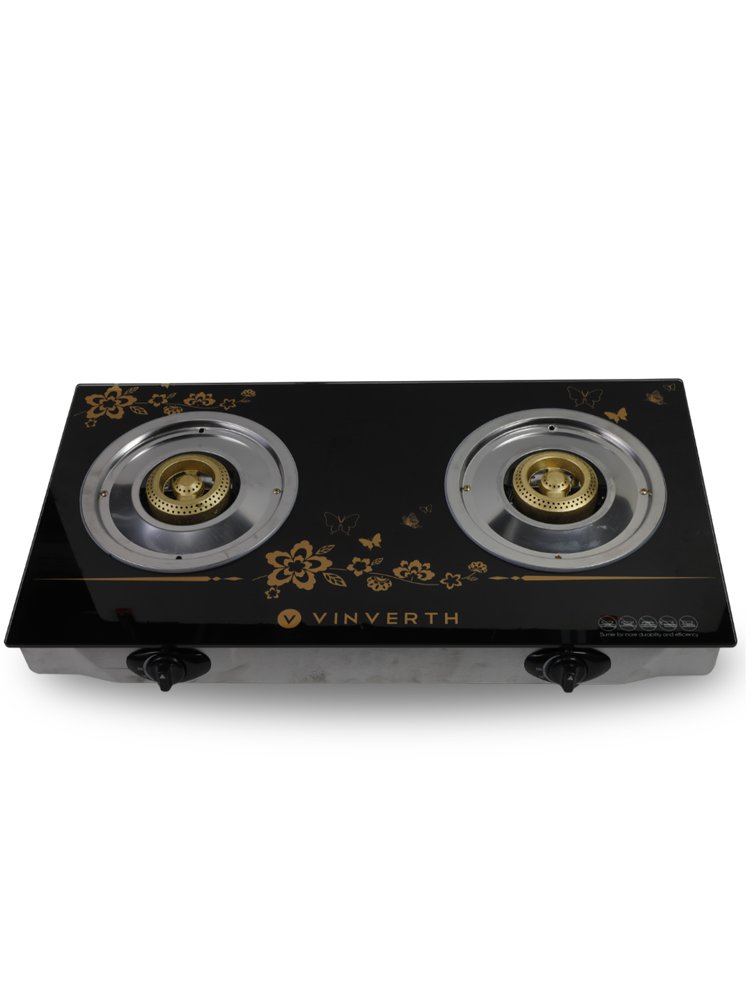 E210005 VINVERTH E210005 is a 2-burner tempered glass gas stove (755 × 437 × 112 mm) with a stainless-steel body, cast-iron burners, and Japan ignition technology. It claims up to 60% gas saving and is designed with a focus on safety and practicality. The look features a shiny black glass top with gold floral and butterfly artwork, silver burners with brass centers, black side knobs, and a light grey base
