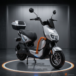 ZENQOR R-49 Wolf Warrior premium electric scooter hero render in luxury showroom setting with full materials and lighting