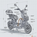 ZENQOR R-49 Wolf Warrior electric scooter technical wireframe blueprint showing 3D mesh structure, dimensions, and engineering specifications